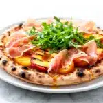 grilled peach prosciutto flatbread - featured image