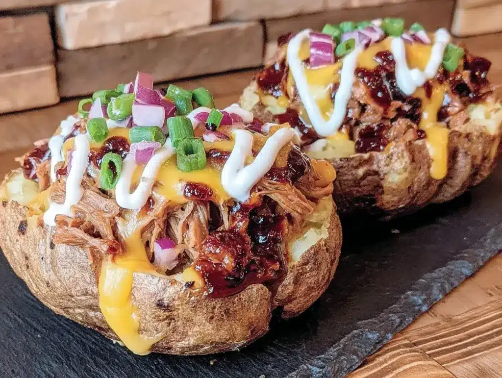 loaded pulled pork baked potatoes - featured image