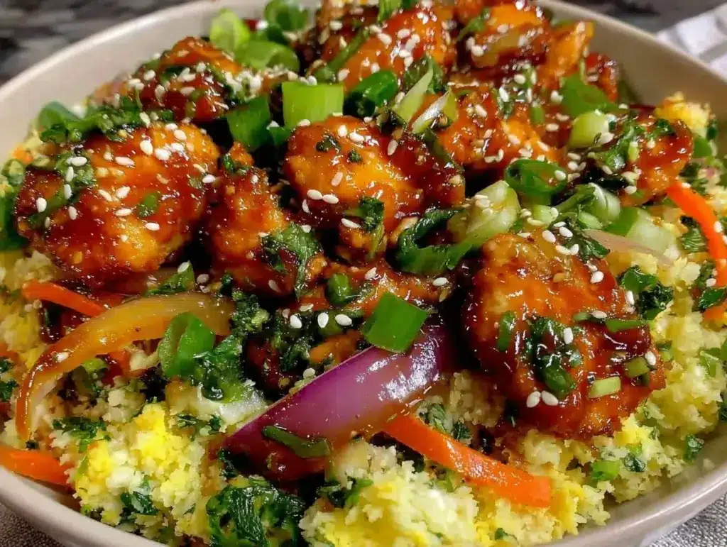 Home 1 low-carb cauliflower fried rice with sesame ginger chicken - featured image